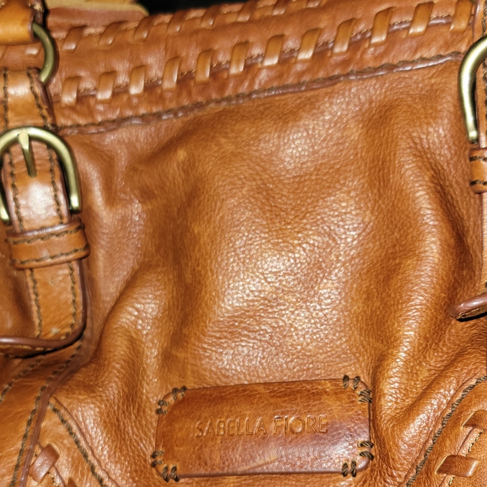 Isabella Fiore Tan Leather Woven-Trim Shoulder Bag with Tassel Accent - Picture 9 of 13